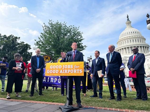 Blumenthal joined U.S. Senator Edward J. Markey (D-MA) and U.S. Representative Jesús G. “Chuy” García (D-IL) at a press conference with airport workers and union leaders to announce the introduction of the Good Jobs for Good Airports Act, legislation that would provide airport workers with the pay, benefits, and labor standards they deserve after serving on the frontlines of our nation’s aviation system and keeping airports safe through a global pandemic, climate disasters, and peak travel seasons. 
